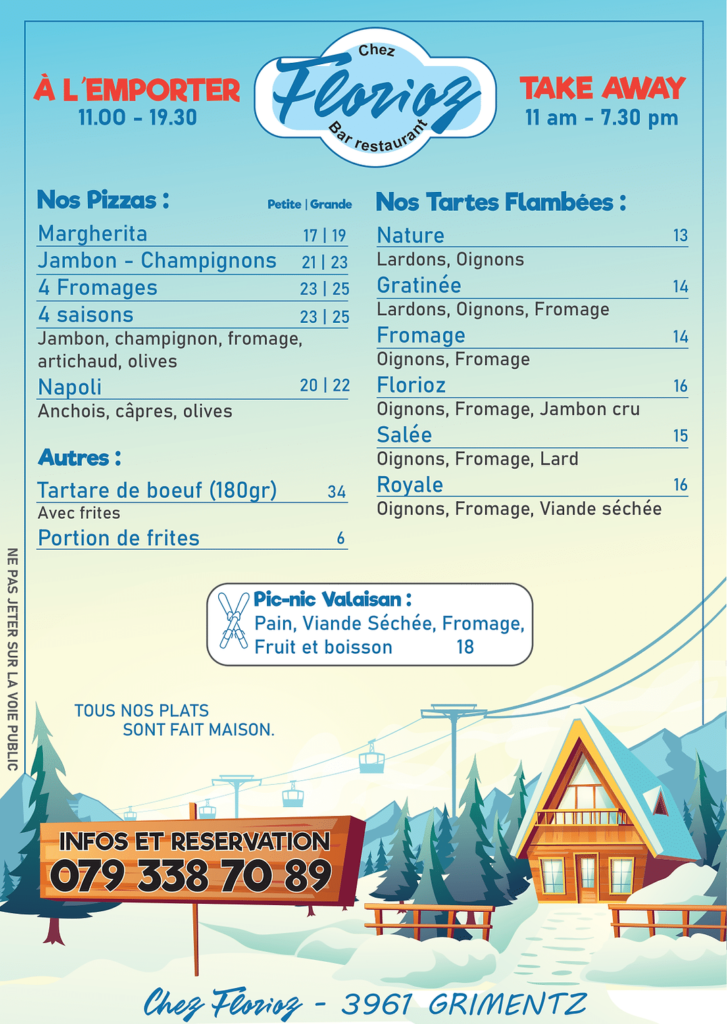 Carte du restaurant, Chez Florioz, Suisse
